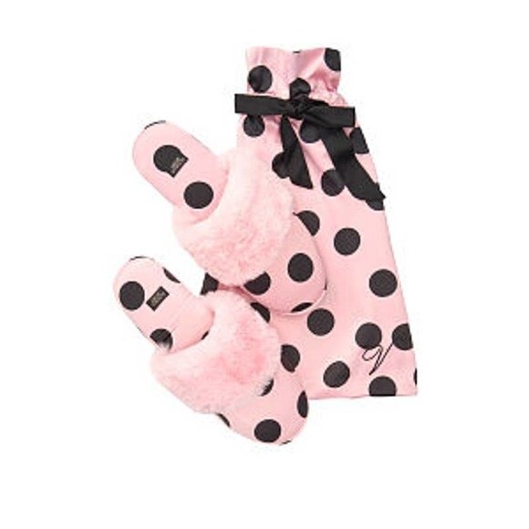 Victoria's Secret slipper Signature Pink/black dots with fur  Slipper size M - Picture 5 of 7